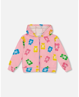 Deux par Big Girls Printed French Terry Hoodie Cardigan Pink Multicolored Gummies