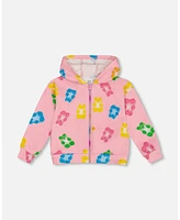 Deux par Big Girls Printed French Terry Hoodie Cardigan Pink Multicolored Gummies