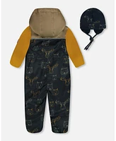 Deux par Baby Boys Printed Mid-Season One-Piece Outerwear With Hat Beige Animals On Black Background