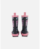 Deux par Little Girls Printed Rain Boots Pink, Black, And Flowers