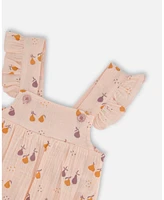 Deux par Baby Girls Printed Muslin Shortall And Cotton Onesie Set Peach With Pears