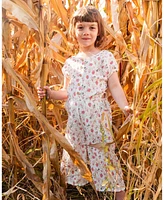 Deux par Big Girls Printed Seersucker Jumpsuit With Cut Outs Pink Flowers On Cream Background