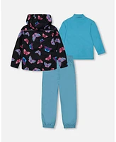 Deux par Deux Little Girls 3-In-1 Mid-Season Outerwear Set With Printed Jacket Light Blue And Multicolored Butterflies - Toddler|Child