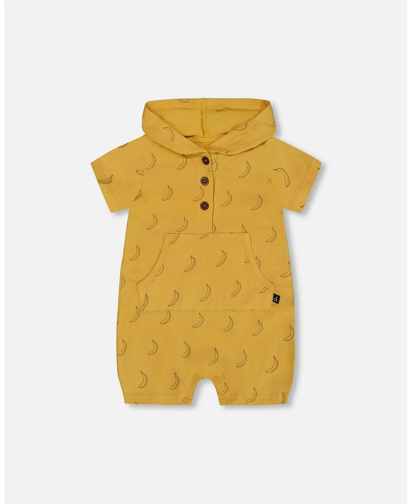 Deux par Baby Boys Printed Organic Cotton Hooded Romper Yellow Bananas