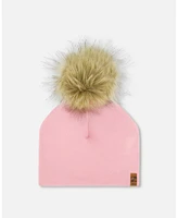 Deux par Girl Solid Jersey Detachable Pompom Hat Pale Pink - Toddler|Child