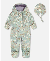 Deux par Baby Girls Printed Mid-Season One-Piece Outerwear With Hat Small White Flowers On Turquoise And Lilac