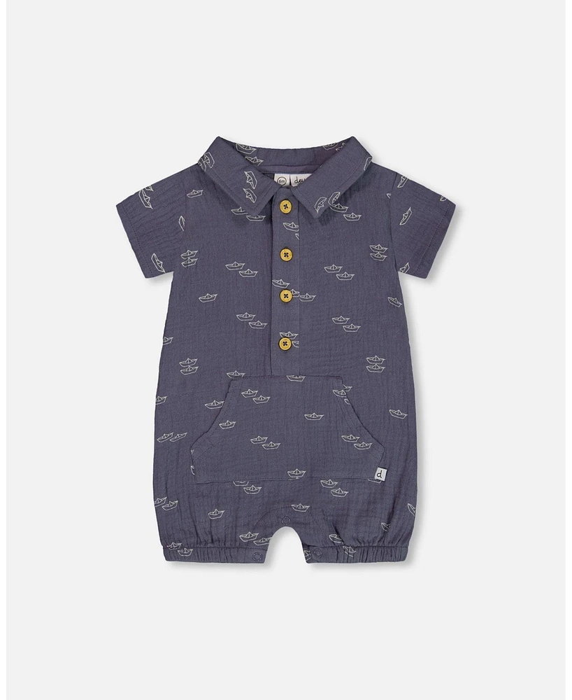 Deux par Baby Boys Printed Muslin Romper Navy Blue Paper Boats