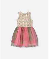 Deux par Big Girls Bi-Material Cotton And Mesh Dress Small Flowers Multicolored Gradient Skirt