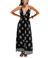 Women's Black Boho Print Plunging Maxi Beach Dress