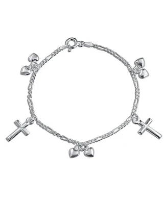 Bling Jewelry Christian Chain Link Bracelet with Cross & Heart Charms Sterling Silver 6-7 Inch