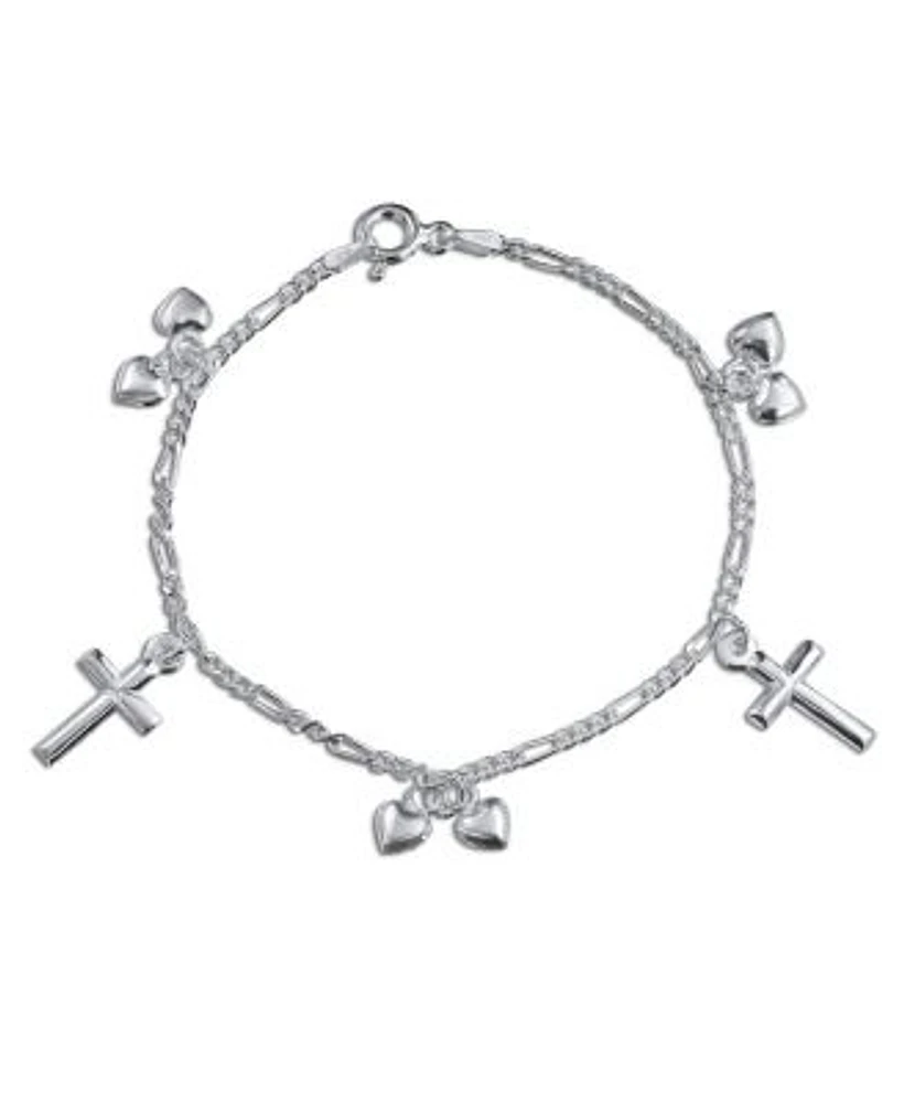 Bling Jewelry Christian Religious Multi Dangling Hearts Cross Charm Bracelet Polished .925 Sterling Silver
