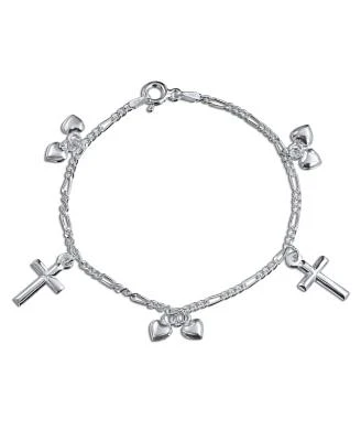 Bling Jewelry Christian Religious Multi Dangling Hearts Cross Charm Bracelet Polished .925 Sterling Silver