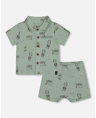 Deux par Deux Baby Boys Printed Muslin Shirt And Short Set Sage Monkey