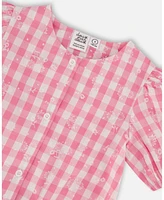 Deux par Big Girls Puff Sleeve Top Pink And White Checks