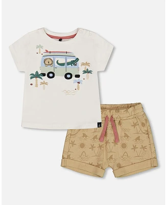 Deux par Baby Boys Short Sleeve Top And French Terry Set Beige With Palm Trees Blue Truck