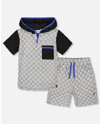 Deux par Deux Big Boys Printed Hooded Terry Top And Shorts Set Gray And Black