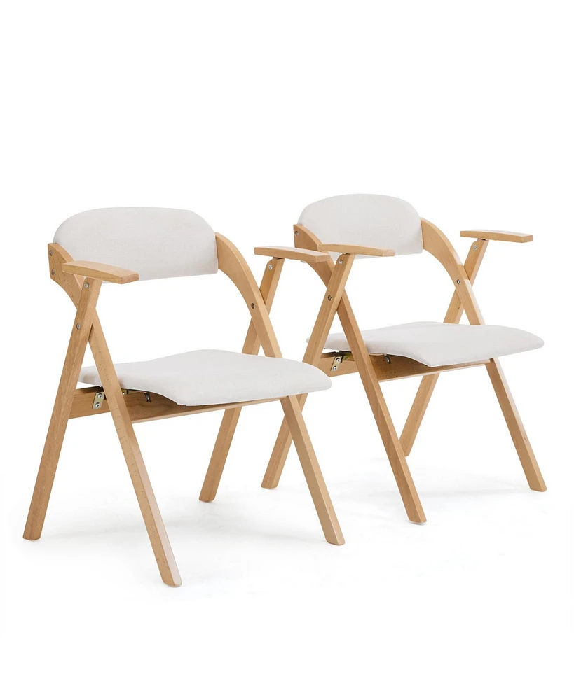 Set of 2 Wooden Folding Chairs with Padded Seats and Armrests for Dining or Outdoor Use