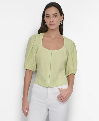 Dkny Women's Zip-Front Puff-Sleeve Scoop-Neck Top