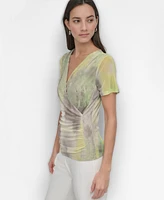 Dkny Women's Printed Surplice-Neck Short-Sleeve Mesh Top
