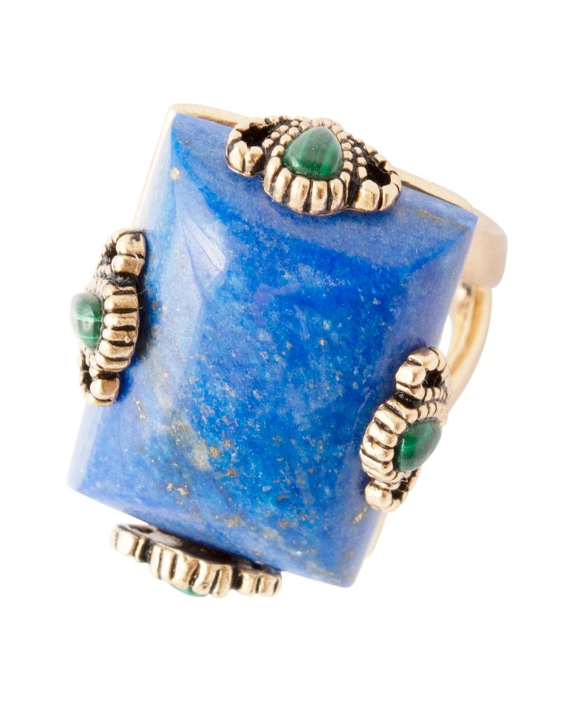 Barse Prismatic Blue Lapis and Malachite Golden Square Ring