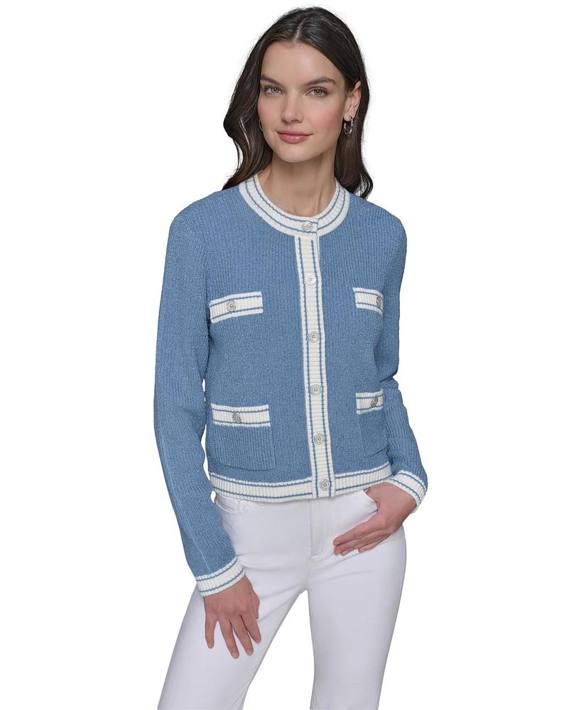 Karl Lagerfeld Paris Petite Four-Pocket Tipped Cardigan