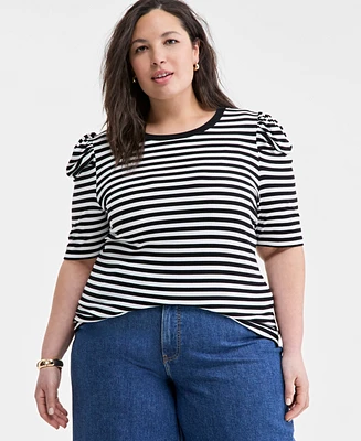 On 34th Trendy Plus Striped Puff-Shoulder Top, Exclusively at Macy's