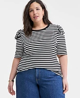 On 34th Trendy Plus Striped Puff-Shoulder Top, Exclusively at Macy's