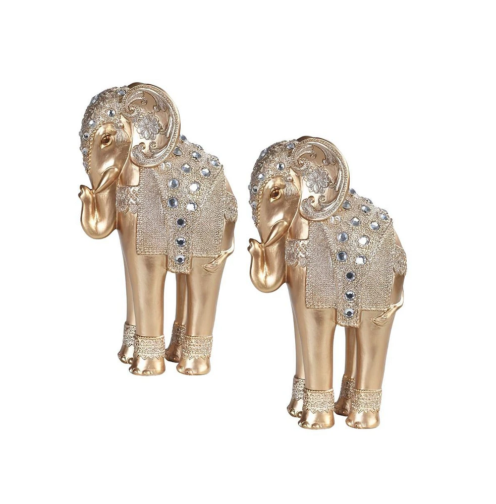 2-pc Set" Fc Design 9.5"H Standing Long Legged Elephant with Gem Statue Slim Elephant in Gold and Silver Figurine Statue Ornament Home Room Office De