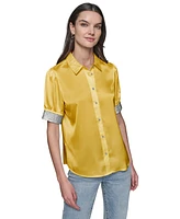 Karl Lagerfeld Paris Petite Rhinestone-Trim Satin Short-Sleeve Shirt