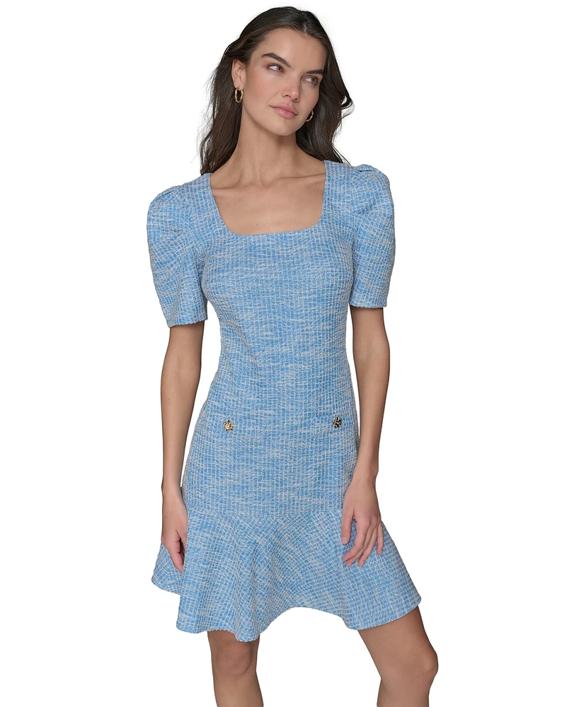 Karl Lagerfeld Paris Women's Tweed Puff-Sleeve Square-Neck Sheath Dress