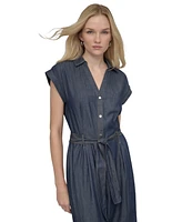 Dkny Women's Point Collar Tie-Waist Chambray Jumpsuit