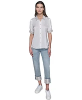 Karl Lagerfeld Paris Women's Satin Rhinestone-Cuff Button-Front Top