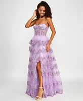 B Darlin Juniors' Floral Sequin Embellished Ruffled Strapless Gown, Created for Macy's