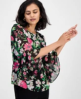 Kasper Women's Floral Chiffon Ruffle Bell-Sleeve Blouse