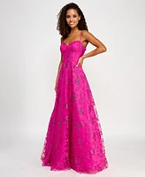 B Darlin Juniors' Floral Glitter Sweetheart Sleeveless Gown