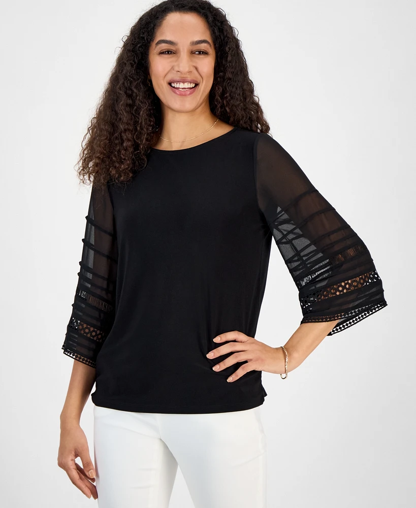 Kasper Women's Round-Neck Pleated Bell-Sleeve Top