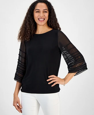 Kasper Women's Round-Neck Pleated Bell-Sleeve Top