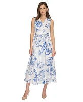 Calvin Klein Women's Cotton Floral-Print Faux-Wrap Dress