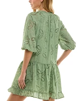 Seni & Cade Juniors' Eyelet Embroidered Blouson-Sleeve Shift Dress