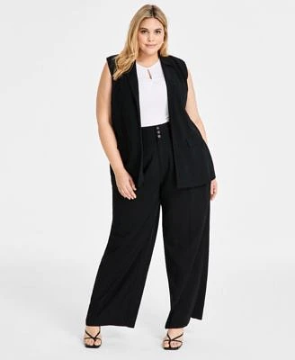 Bar Iii Trendy Plus Peak Lapel Open Front Long Vest Sleeveless Ribbed Cut Out Top Wide Leg High Rise Pants Exclusively At Macys