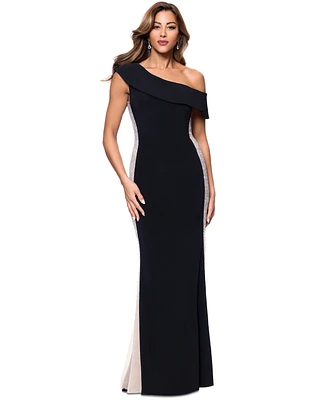 Xscape Women's Asymmetric-Neck Colorblocked Gown