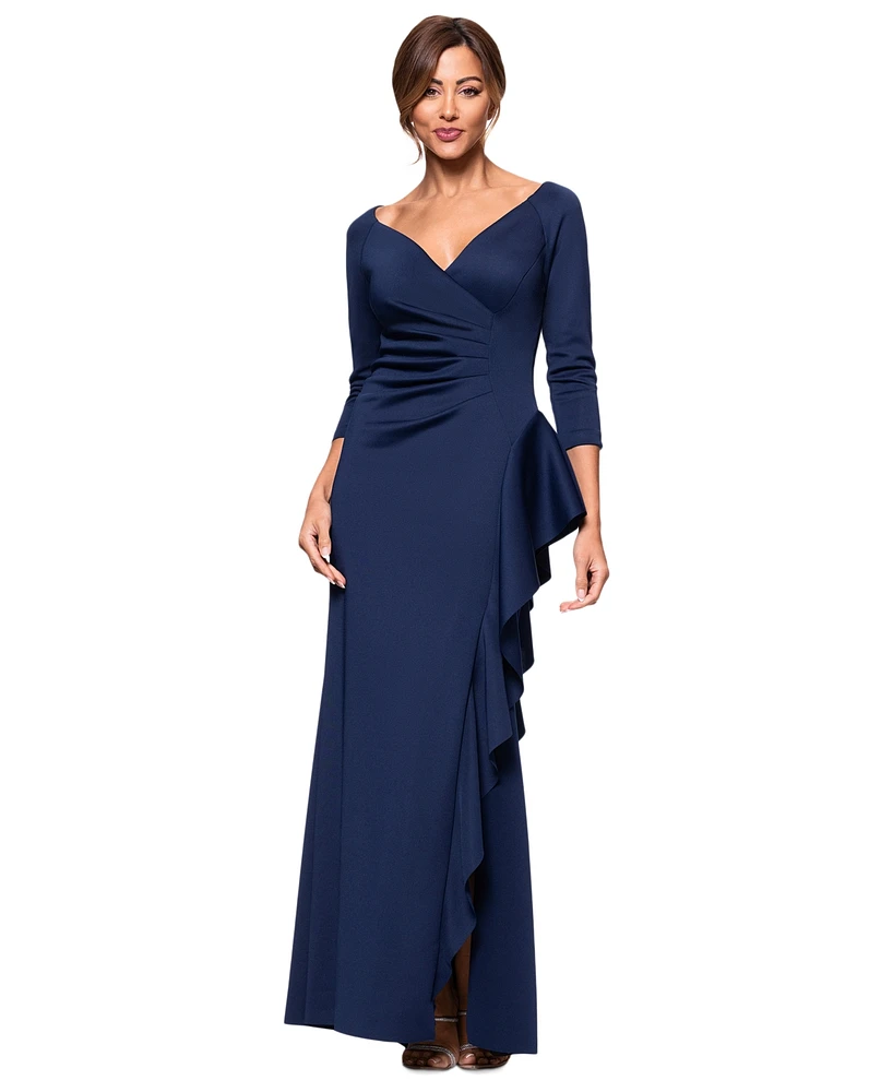 Xscape Women's V-Neck Ruffled Side-Slit Scuba Gown