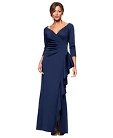 Xscape Women's V-Neck Ruffled Side-Slit Scuba Gown