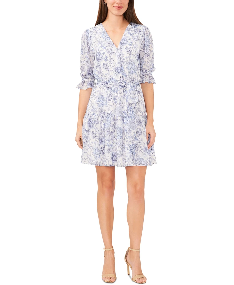 Msk Petite Floral Print Blouson-Sleeve Fit & Flare Dress