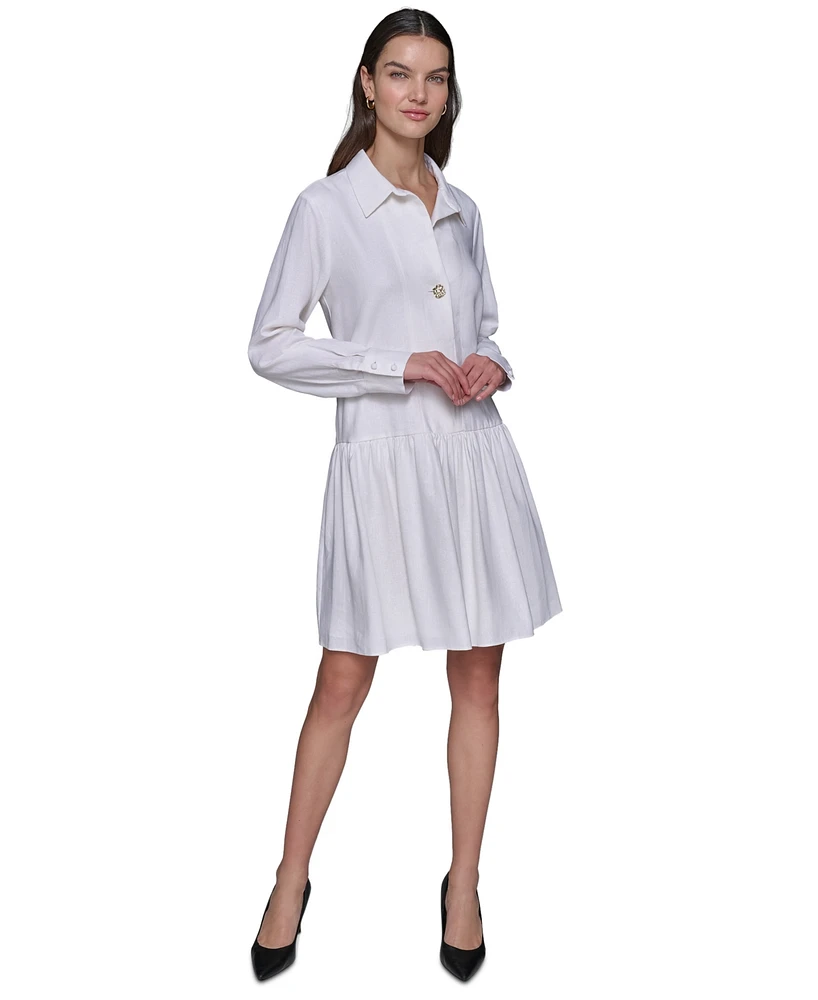 Karl Lagerfeld Paris Women's Collared Drop-Waist Long-Sleeve Shirtdress