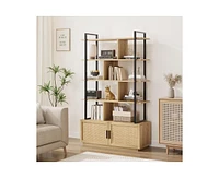 5 Tier Rattan Bookshelf with Storage Cabinet & Door, 71.1 Inch Tall Industrial Book Shelf with Open Display Shelves, 5 Shelf Bookcase with Metal Frame