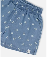 Deux par Deux Baby Girls Printed Chambray Short Blue And White Cherries