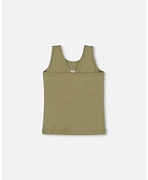 Deux par Big Girls Crinkle Jersey Tank Top Floral Olive Green