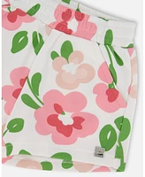 Deux par Big Girls Printed French Terry Short Pink Flowers On White Background