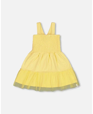 Deux par Deux Big Girls Smocked Organic Cotton Dress With Mesh Frill Yellow